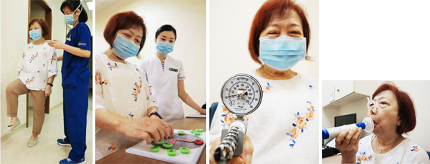  ​​​Patients’ functional abilities are evaluated via various tests, such as (from left) the two-minute step test cognition assessment, grip test, and peak cough flow assessment.